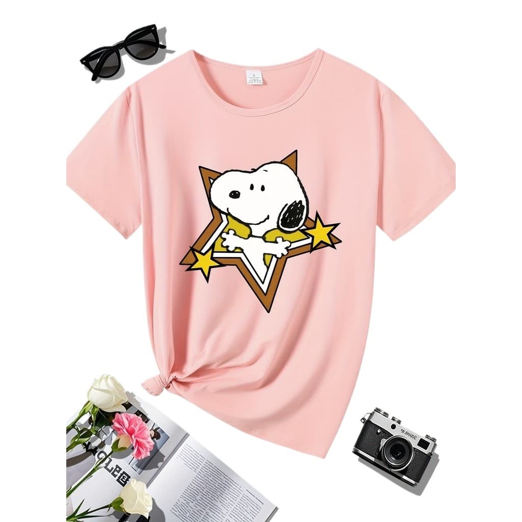 Camiseta Esportiva Casual Feminina com Estampa de Desenho Animado, Design Simples e Fofo, Gola Redonda e Manga Curta