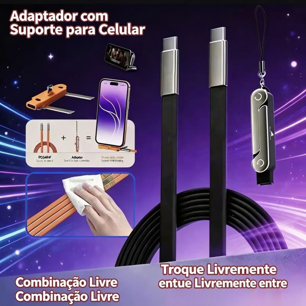 Cabo USB-C para USB-C de Silicone com Suporte Removível 2 em 1, Carregamento Rápido, 1,5m