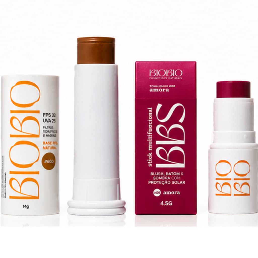 Kit Base Stick Biobio FPS33 Cor 600 Cacau + BBS Amora Blush Batom Sombra Natural Vegano