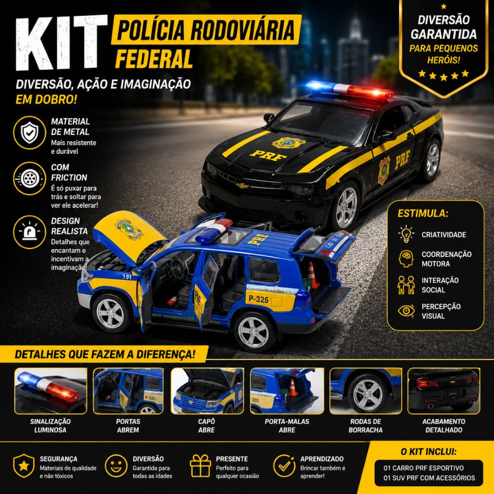 Carrinhos Polícia Rodoviária Federal PRF Metal Fricção Portas Abrem Capô Porta-Malas Infantil