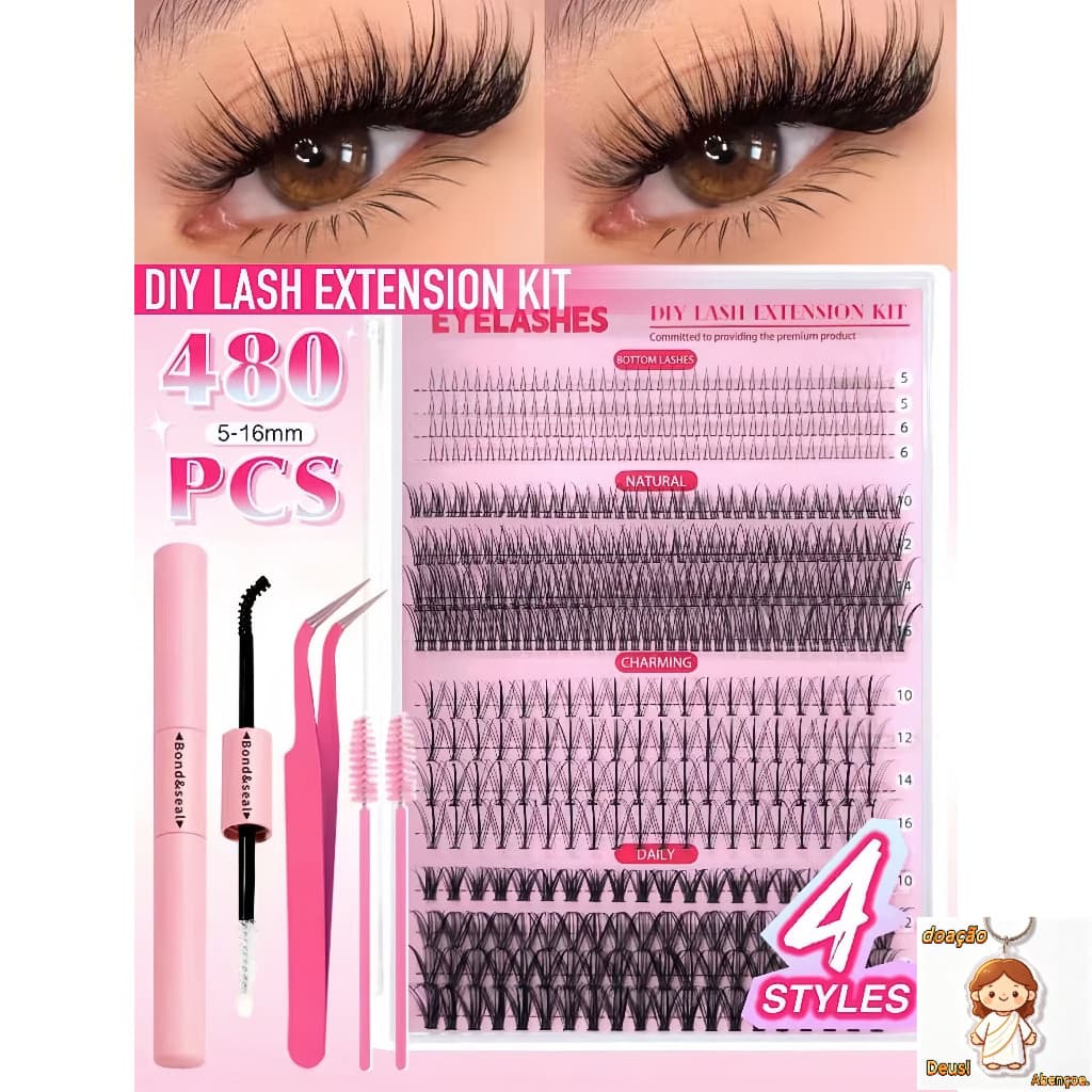 Kit Extensão De Cílios Diy 480 Feixes 4 modelos Com Pinças + Cola+ 2Escovas 024-234