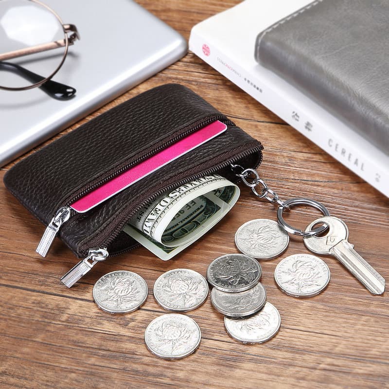 Porta Moedas Feminino Couro Legítimo Mini 2026 com Chaveiro Interno e Zíper