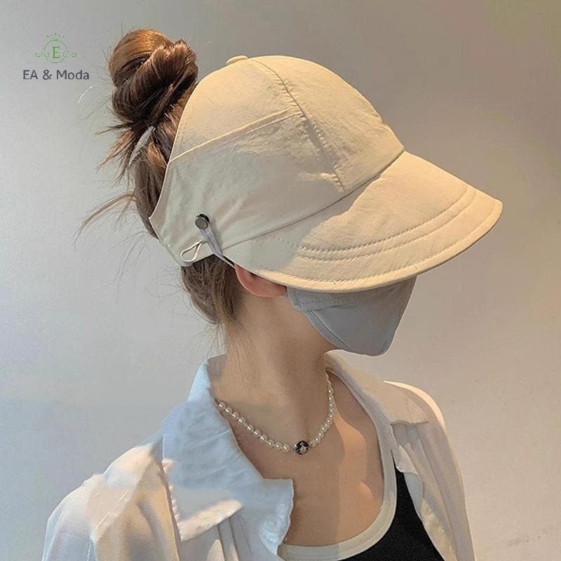 EA & Moda Dobrável Aba Larga Rabo De Cavalo Chapéu De Sol Para Mulheres Anti UV Sombreamento Feminino Lazer Ajustável Ao