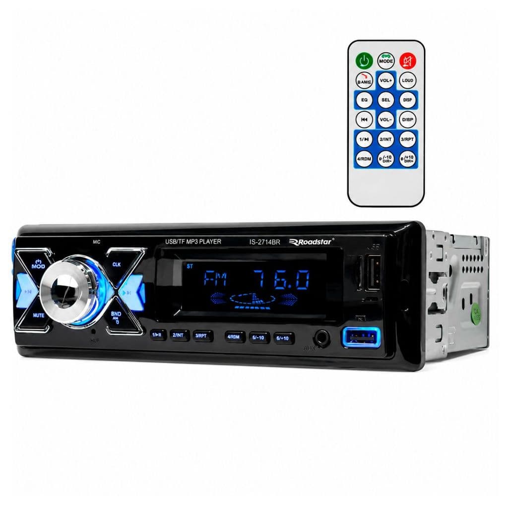 Auto Rádio FM Bluetooth Roadstar 2 USB Micro SD Auxiliar 4 RCA 55W RMS