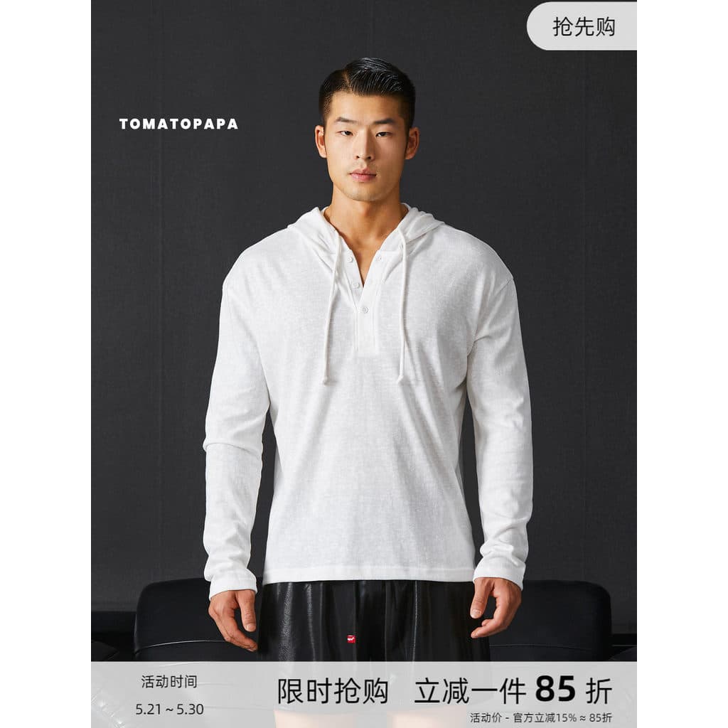 TOMATEPAPA Camiseta masculina de manga comprida com capuz gola aberta 2025 outono inverno Fitness americana cor sólida p