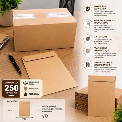 Caixa Envelopes Pardo 250 Unidades 176x250mm Resistente Protecao Armazenamento Profissional