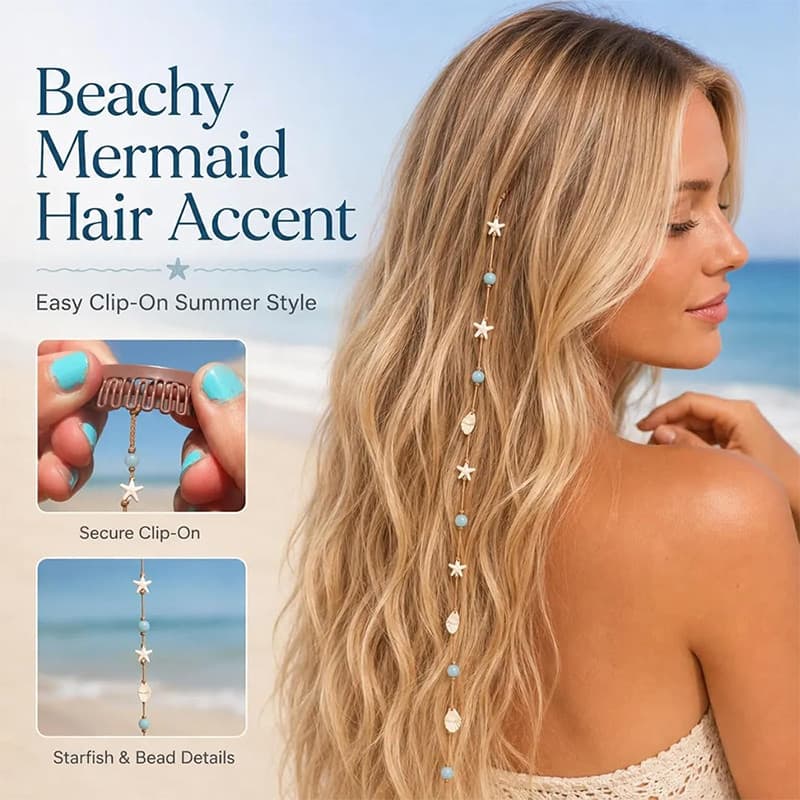 Clipe De Destaque De Cabelo De Praia De Sereia De Verão , Corrente De Ouro , Concha De Estrela Do Mar , Grampo Com Borla