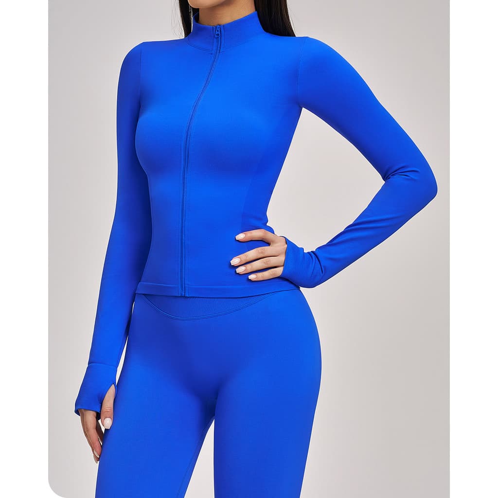 Sem costura gola alta zíper Yoga Wear jaqueta feminina à prova de vento fino ajuste térmico topo