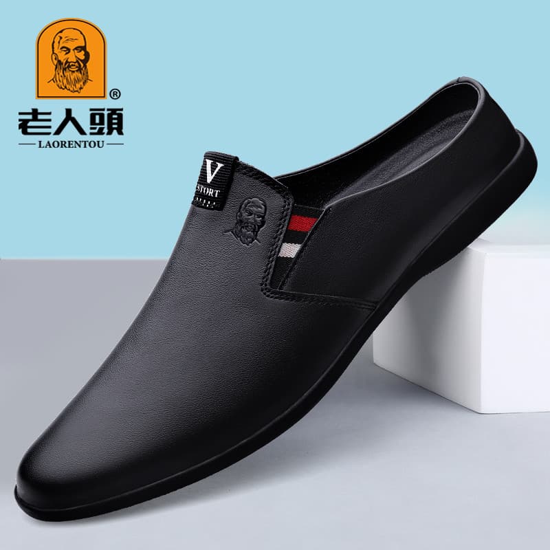 Cabeça de idosos sapatos masculinos verão preguiçoso Casual meia chinelos de couro genuíno sem salto Baotou oco sandália