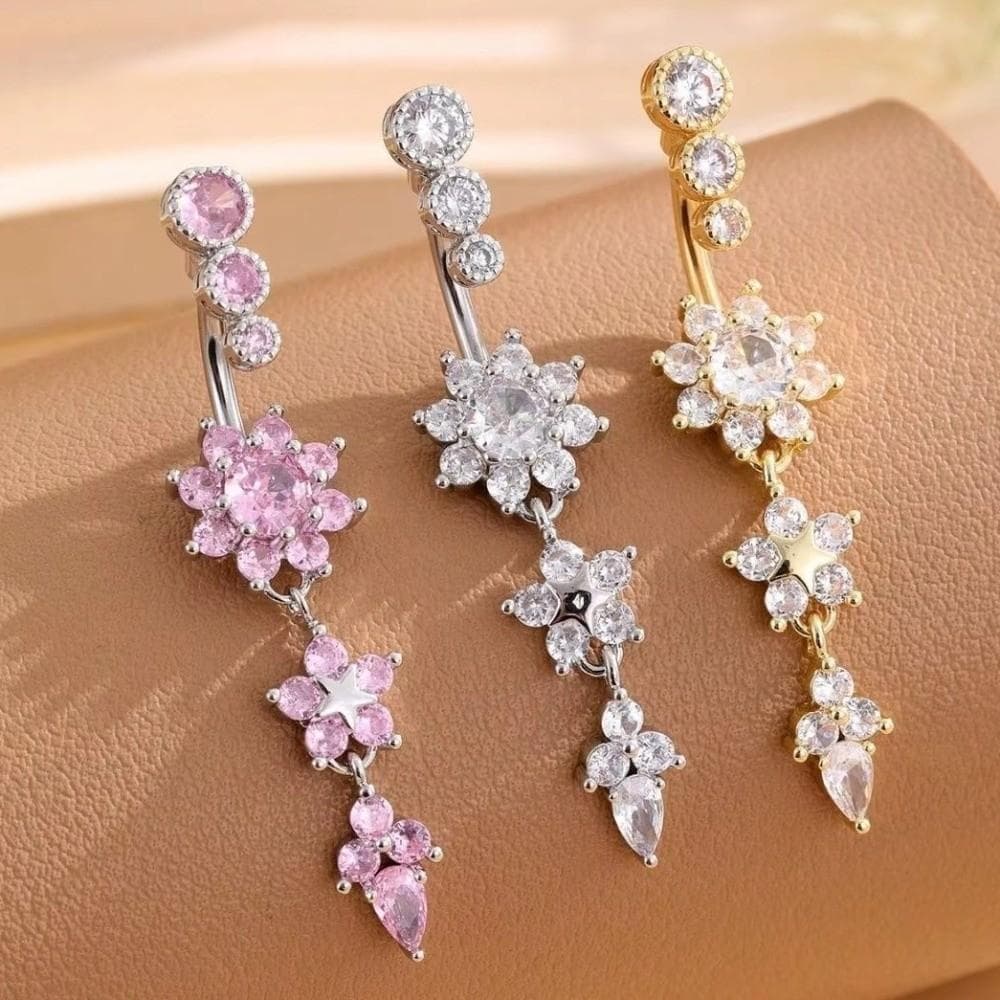 Anel De Umbigo De Zircônia   , Piercing Aço Inoxidável De Cobre Rosa , Joia Corporal Longa Pendurada De Metal
