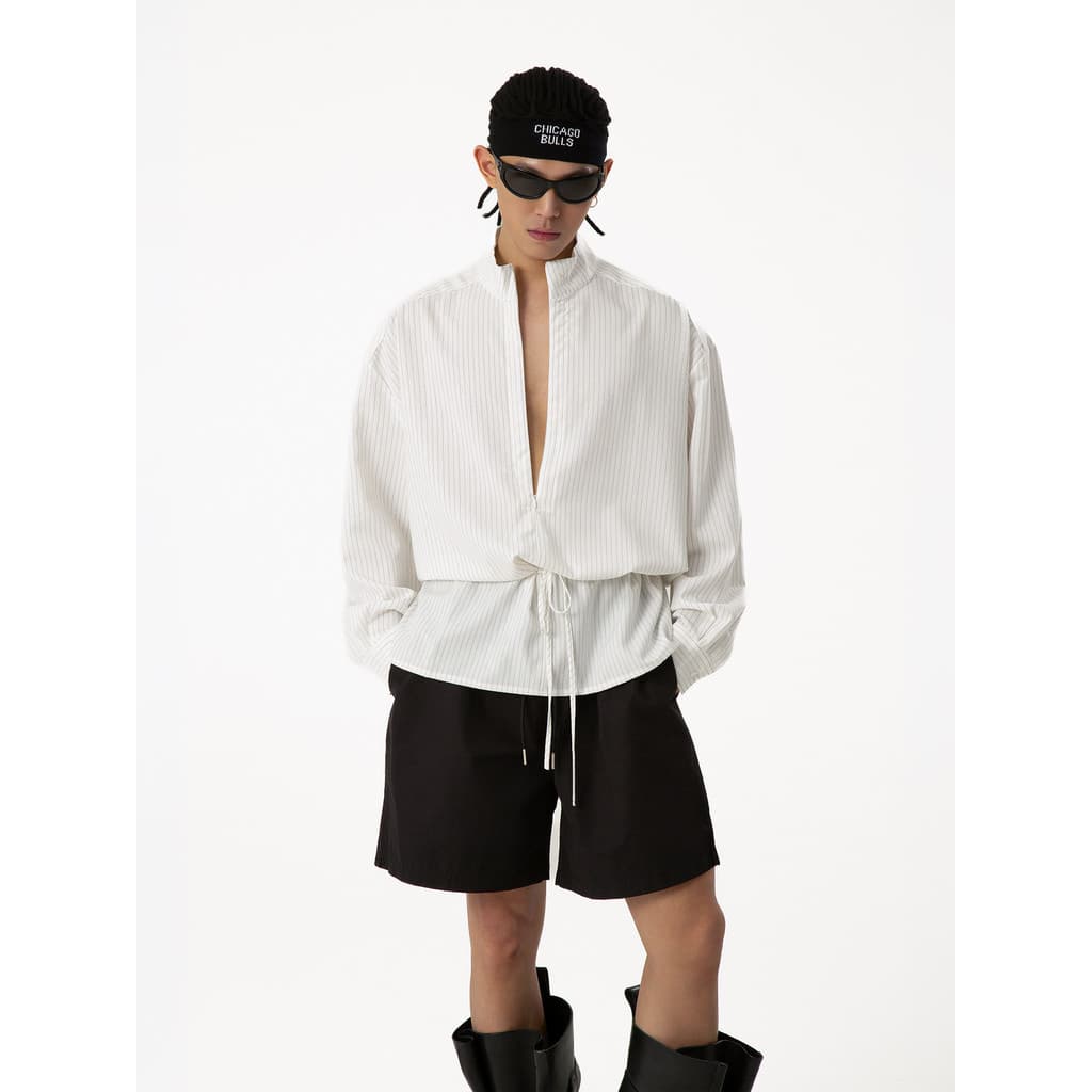 CLP Camisa listrada masculina com cordão branco e cintura estreita, manga comprida, decote em V, solta, Casual, manga co