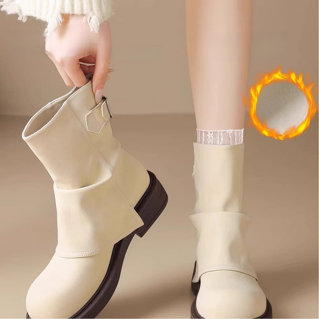 Botas curtas brancas femininas 2025 outono inverno novo estilo estilo francês botas de lã Retro ocidental cavaleiro bota