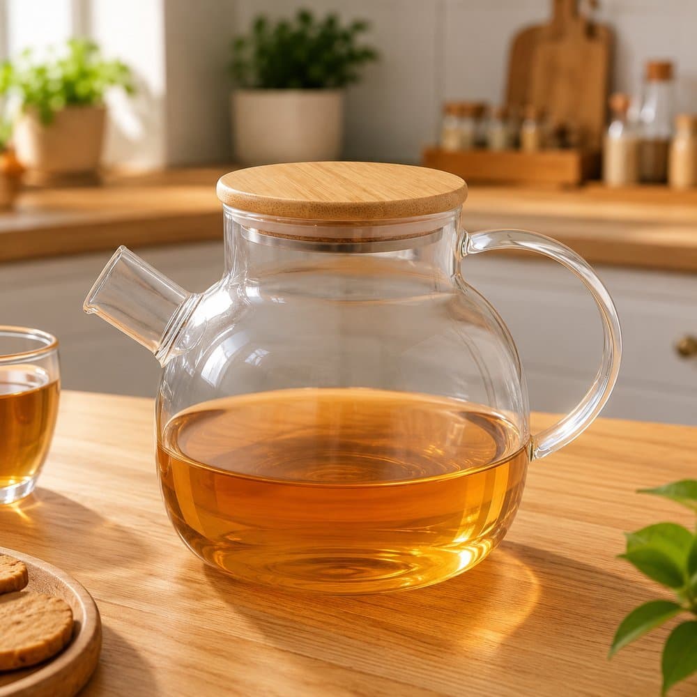 Chaleira De Vidro 1L Com Tampa Bambu Para Chá E Café Ideal Transparente