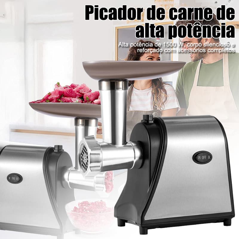 Moedor de Carne Elétrico 1500W Aço Inox 110/220V com Funil para Linguiça e 3 Discos de Corte