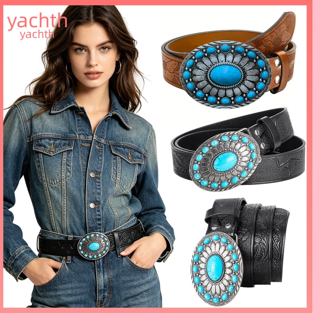 Men Leather Belt Retro Engraved Buckle Bohemian Style Synthetic Turquoise for Women – Western Cowboy Cowgirl Hip Hop P