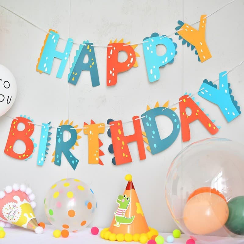 Banner de aniversário dos desenhos animados ins puxar flor banner dinossauro flâmula crianças festa primeiro aniversário