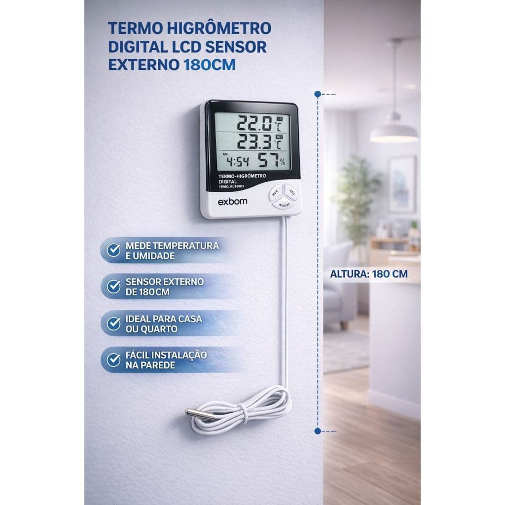 Termo Higrometro Medidor Temperatura Umidade Sensor Externo Ambiente Casa Quarto Cabo 180cm