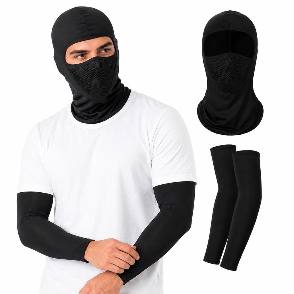Kit Máscara + Manguito Balaclava Preta para Motocicleta, Respirável, Protetora do Rosto Confortável
