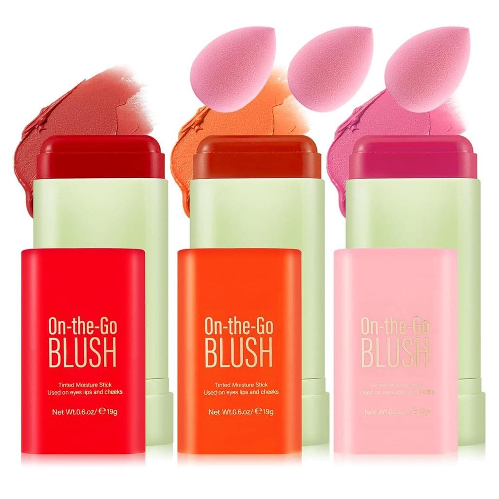 Bastão de Blush em 3 Cores com Esponjas de Maquiagem, Blush Cremoso Sólido Matte, Bastão de Blush Multiuso para Bochecha