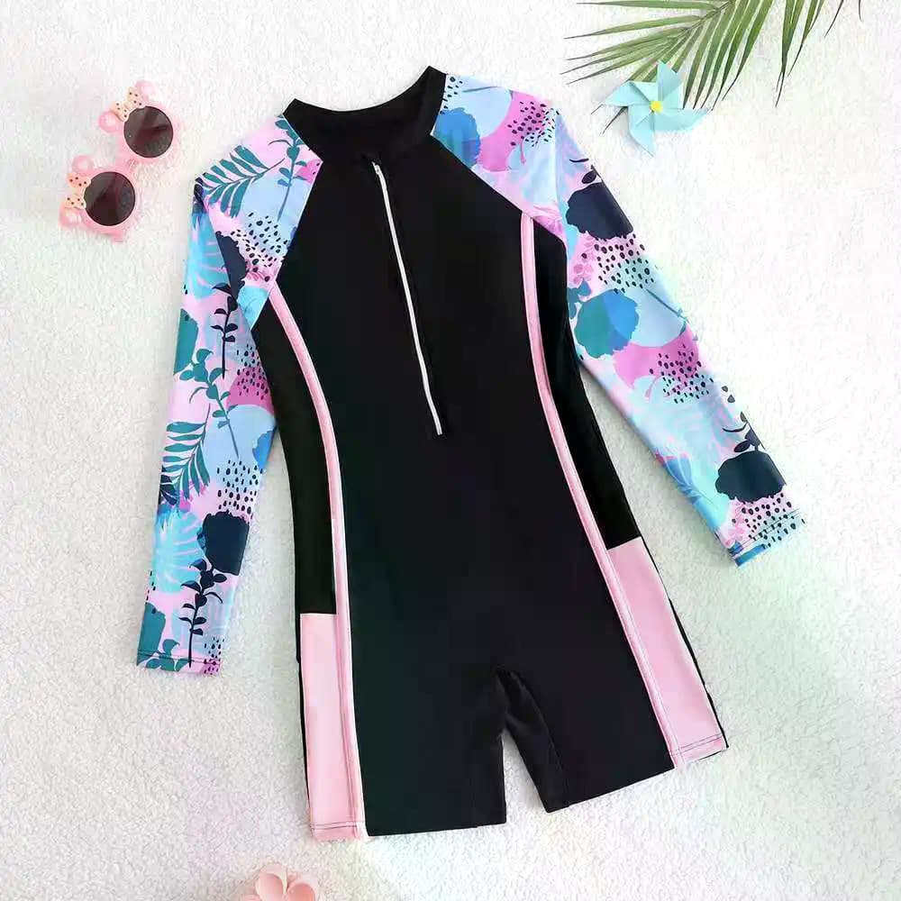 Crianças Meninas Maiô Uma Peça Manga Longa 8-12 Anos Impressão Praia Wear Zíper Traje Esporte Bodysuit