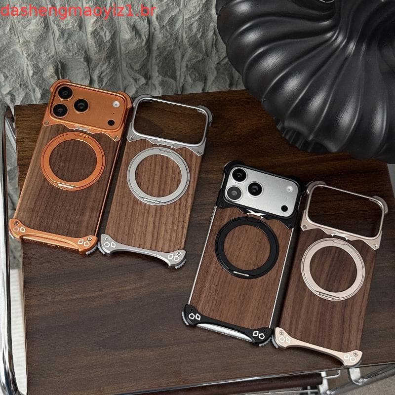 Capa De Telefone De Madeira Maciça Para iPhone 17 16 15 14 Pro Max/Air/16 Com Suporte 360 ° Protetora Magnética Giratóri