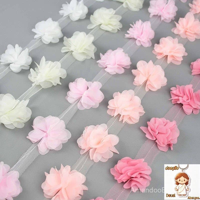 2 Metros 3D Chiffon Tecido De Renda Com 24 Pcs Flor Para Decoração Vestido De Renda Vestuário Guarnição DIY Artesanato C