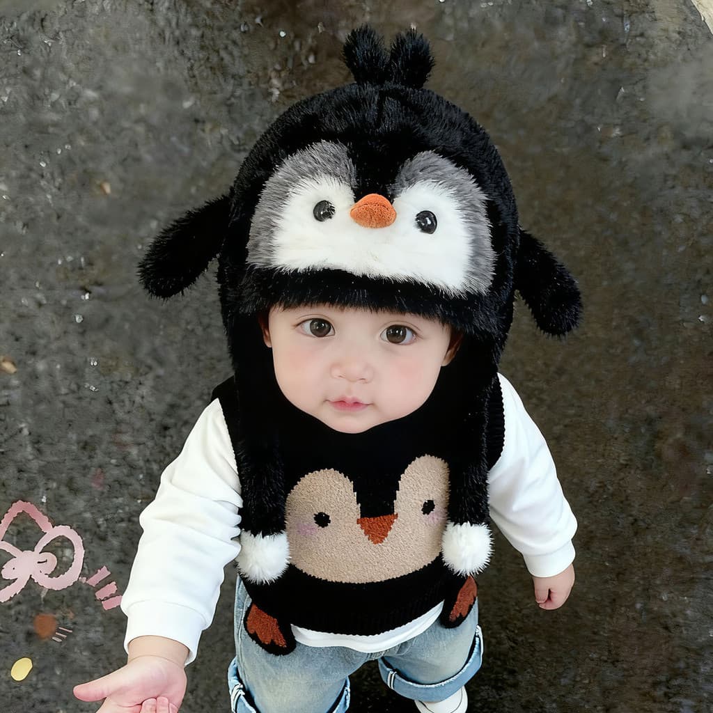 Gorro de Pelúcia de Pinguim Animado e Sonoro para Outono e Inverno, Chapéu Infantil de Desenho Animado 3D à Prova de Fri