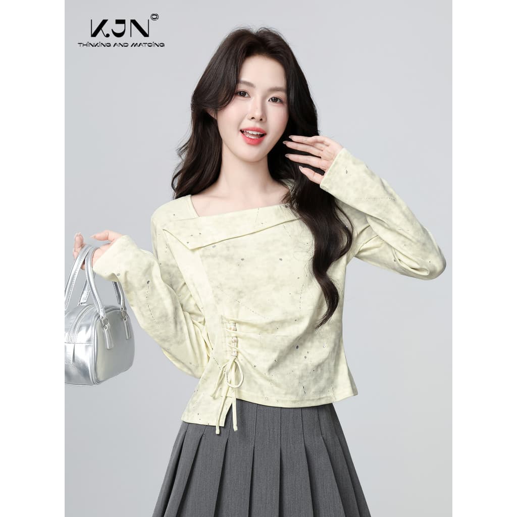 Verde quadrado pescoço de manga comprida camiseta feminina primavera outono 2026 primavera novo estilo cordão Irregular
