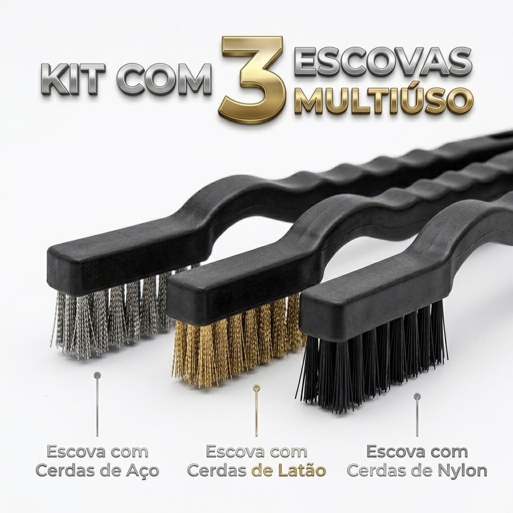 OFERTA Conjunto 3 Escovas De Aço Cabo Longo Multifuncional 21.5cm ou 17cm
