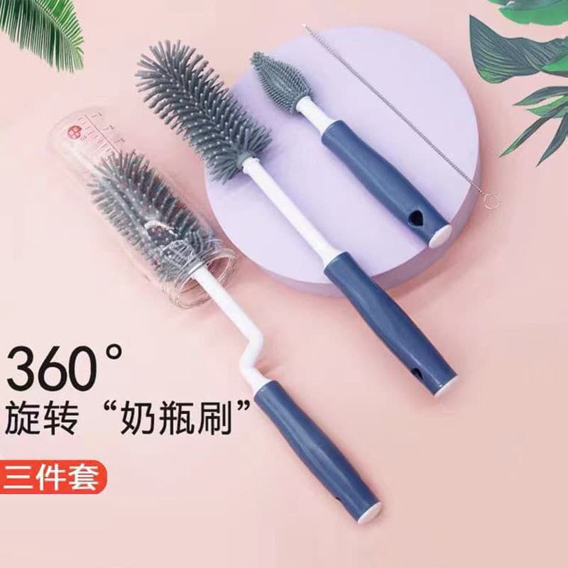 Conjunto de escovas de silicone para mamadeiras em três cores, escova para mamadeiras com rotação de 360 graus, escova p