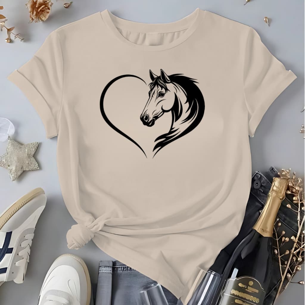 Camiseta Rodeio Country Feminina Desenho Cavalo Metade Coração Blusa 100%Algodão Cowboy