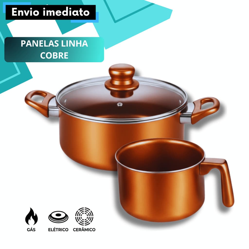 Kit 2 Peças Linha Cobre Caçarola Tampa de Vidro Leiteira 1,6L Cabo Antitérmico Fogão a GásConjunto Jogo