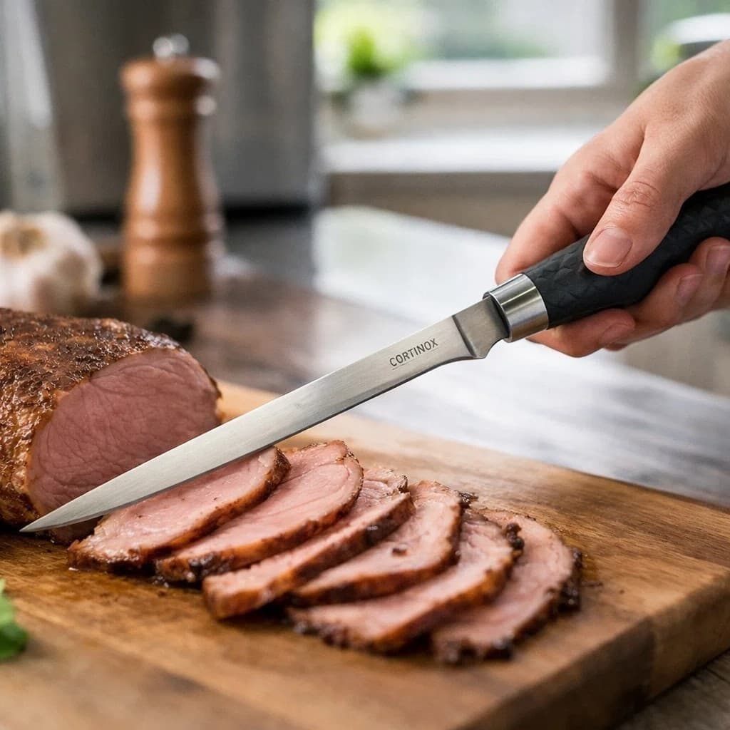 Faca Fatiadora Carne Descascador Cabo Preto Afiada Churrasco Desossar Desfiar Inox Resistente
