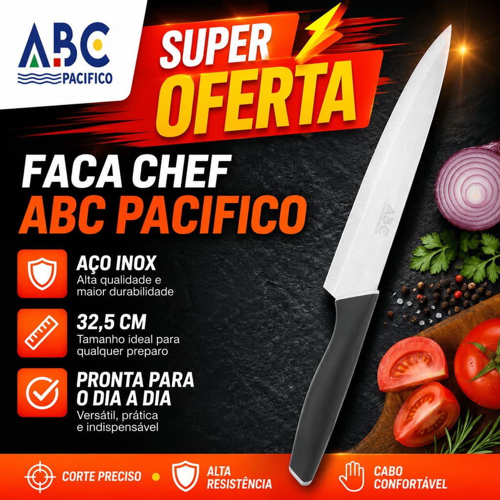 Faca Chef ABC Pacifico Para Cozinha Cabo Antiderrapante Aço Inox 32,5cm