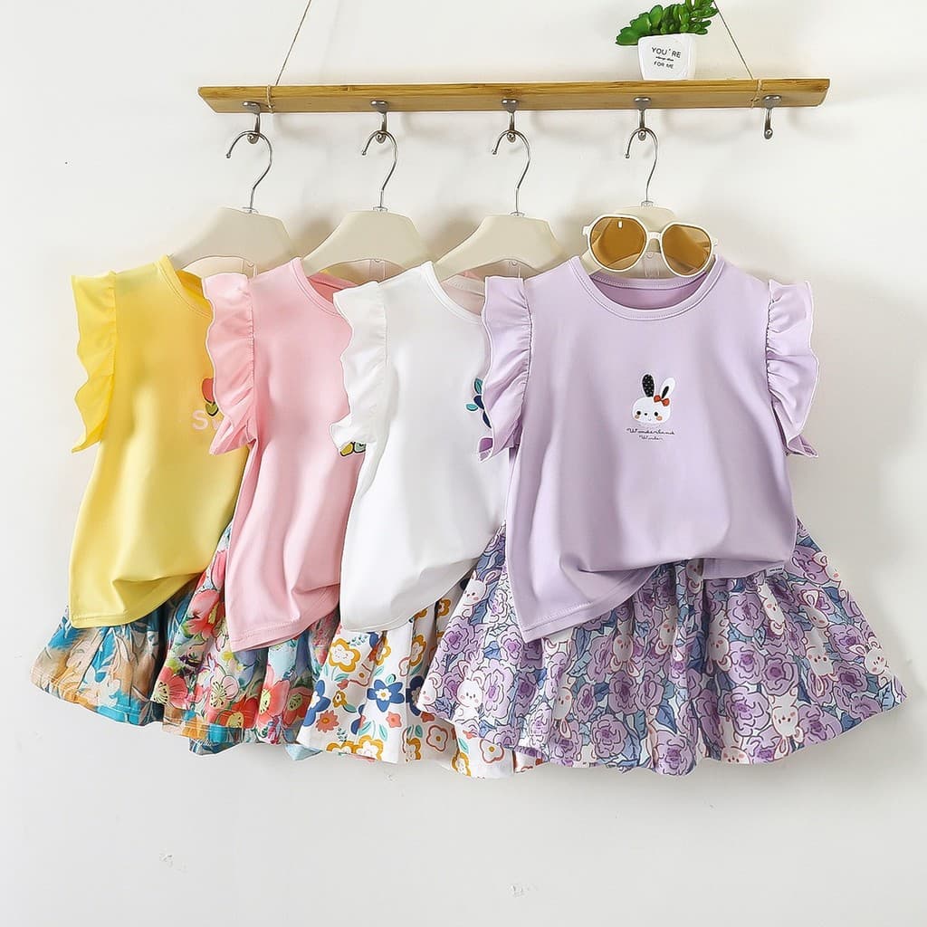 Camiseta de manga voadora para meninas de 1 a 8 anos, Culottes florais, terno de duas peças
