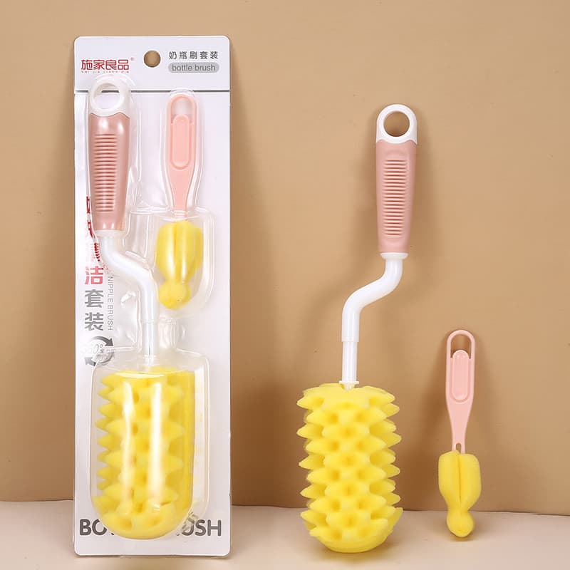 Escova de garrafa de esponja de alta qualidade, conjunto de 2 peças, produtos para bebês, escova de mamilo, rotação de 3