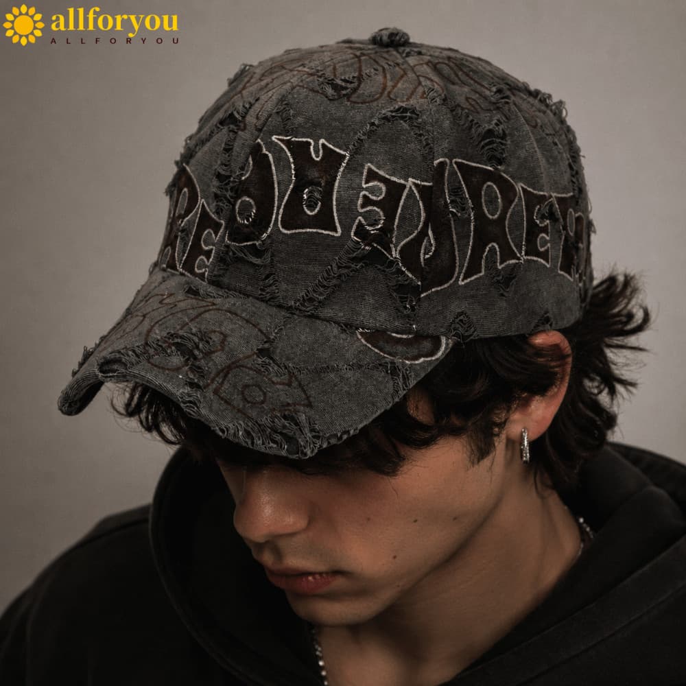 Boné de Beisebol ALLFORYOU1 com Estampa de Letras, Algodão Lavado com Efeito Desgastado e Grafite, Proteção Solar BBUS