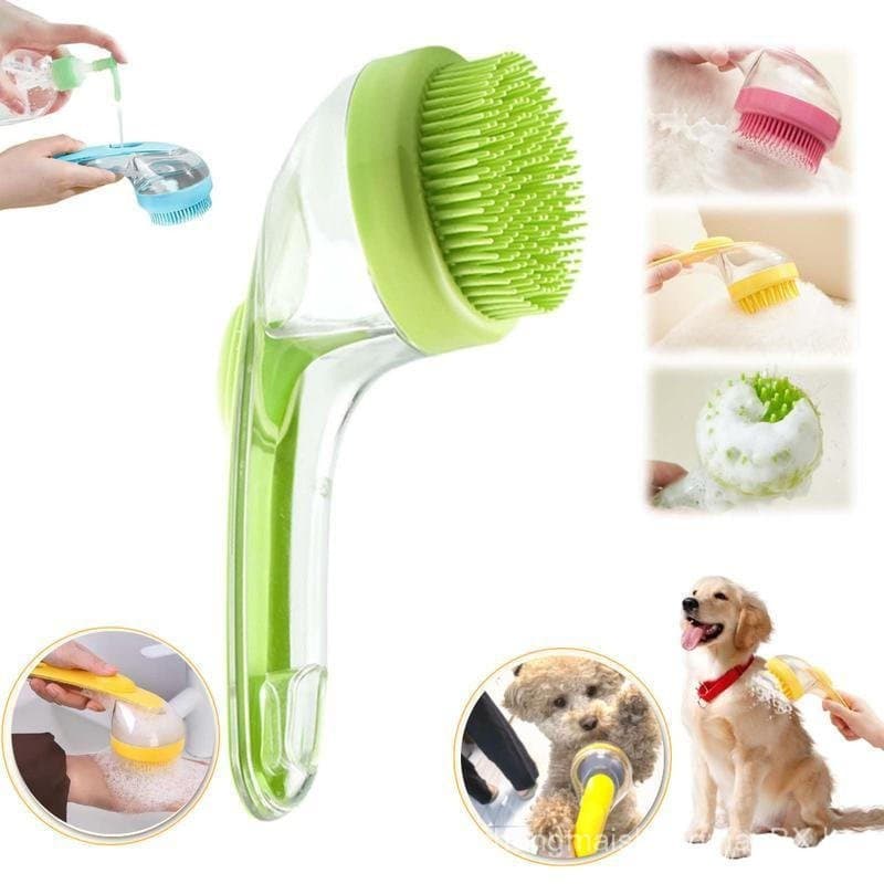 Escova de banho 2 em 1 para animais de estimação, equipada com cerdas de silicone macias e um dispensador de shampoo, ad