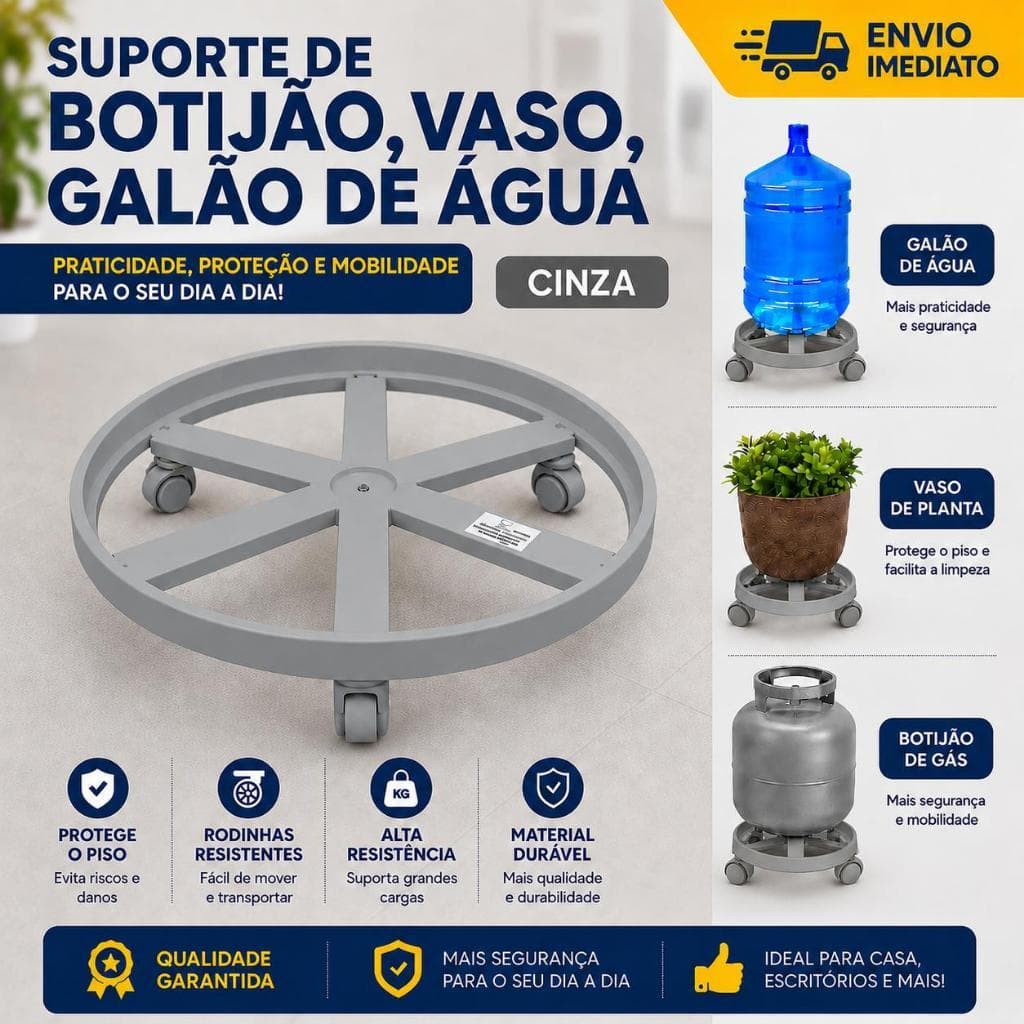 Suporte Apoio Botijão Gás Vaso Galão Água Base Rodinha Cinza