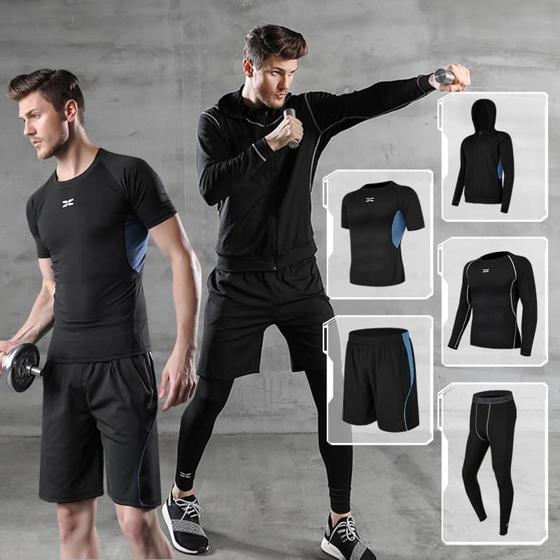 Conjunto esportivo preto masculino para atividades ao ar livre, conjunto de cinco peças para corrida e fitness, jaqueta