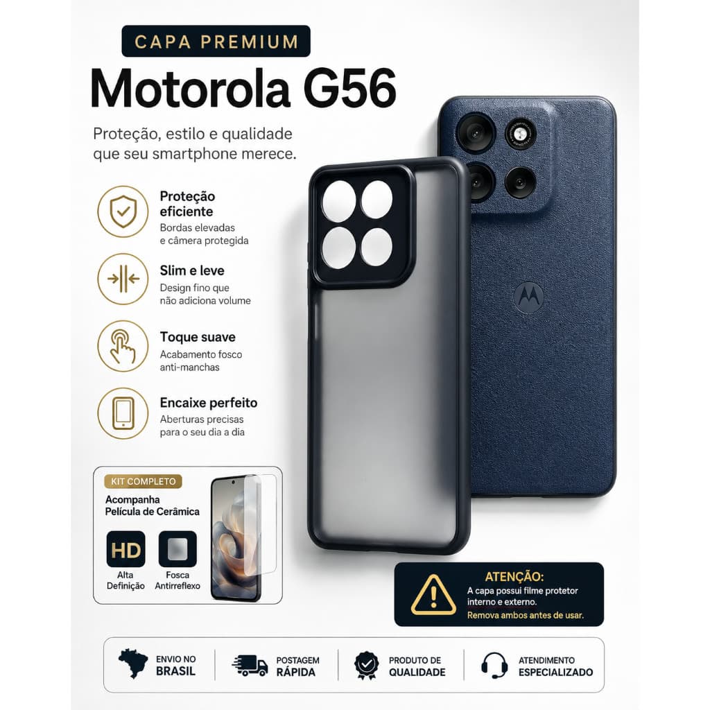 Kit Capa capinha translucida preto Premium motorola G56+Película Cerâmica HD/Fosca
