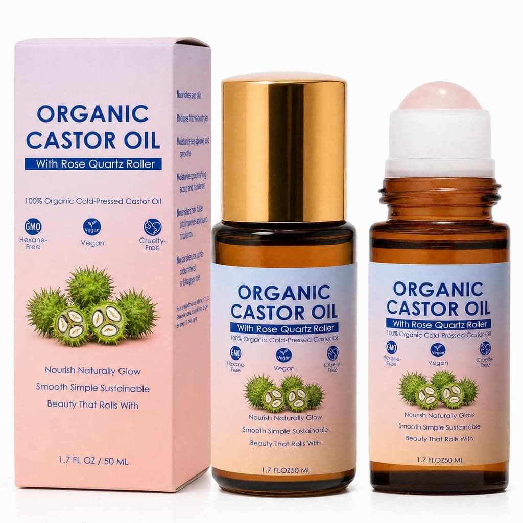 Óleo de Rícino Orgânico com Rolo de Quartzo Rosa, 100% Puro, Prensado a Frio, Óleo de Rícino Orgânico Roll-On com Quartz