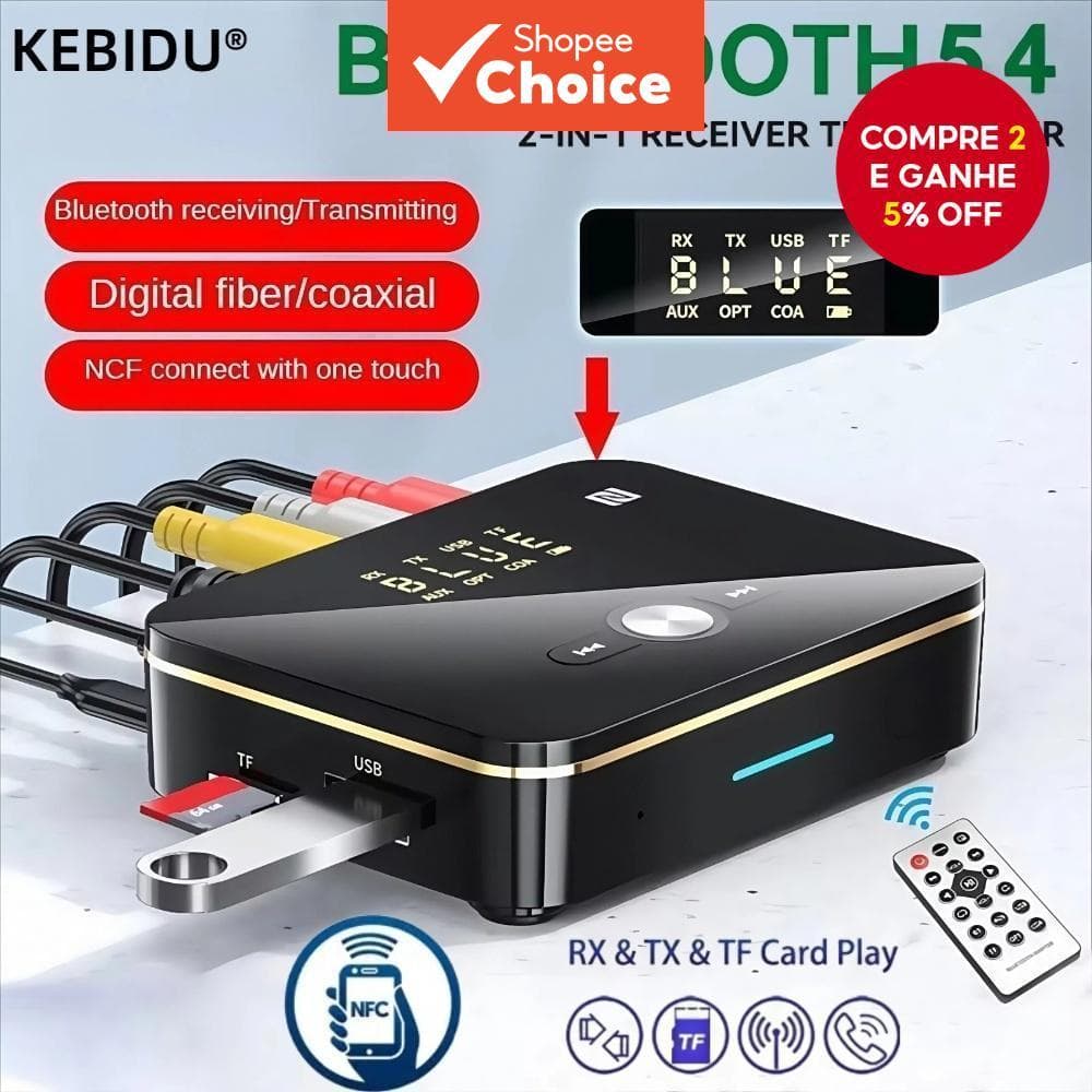 Bluetooth 5.4 Receptor Transmissor NFC Estéreo AUX 3.5mm Jack RCA Adaptador De Áudio Óptico Sem Fio Controle Remoto Para