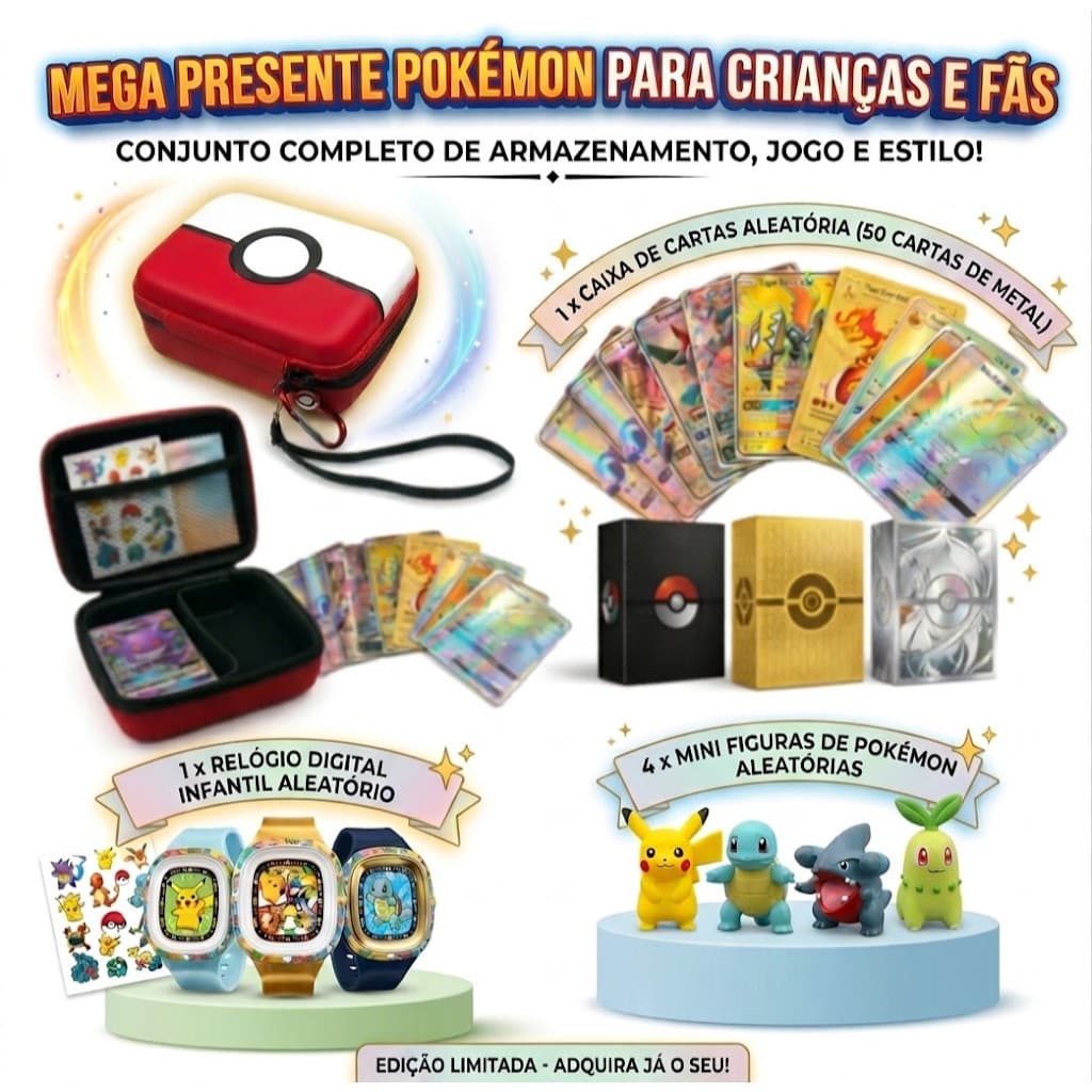 Mega Kit Pokémon: Estojo Premium + 50 Cartas de Metal + Relógio + 4 Mini Figuras Surpresa