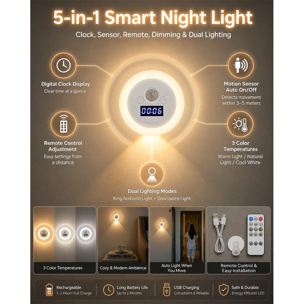 Relógio LED Inteligente com Luz Noturna e Sensor de Movimento, Lâmpada de Parede Recarregável com Controle Remoto, 3 Tem