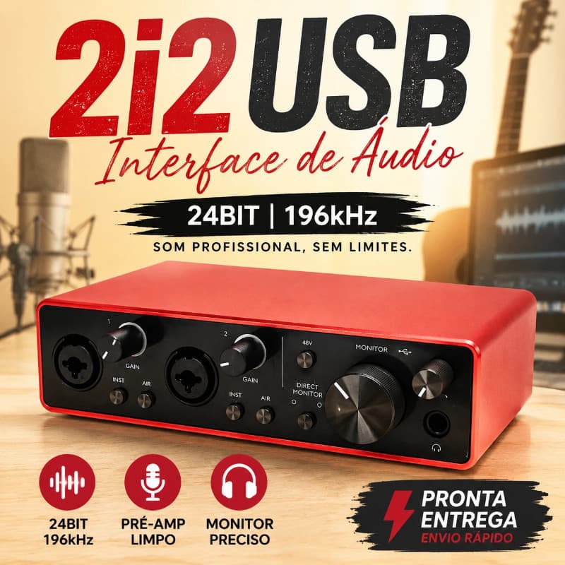 Interface De Áudio 2i2 USB Profissional 24bit 196kHz Gravação Estúdio Home Studio