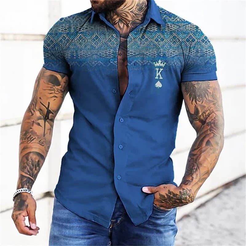 Camisas masculinas com estampas tribais, estilo retrô de pôquer, impressão 3D, mangas curtas, botões, camisas havaianas,