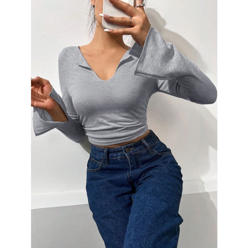 Estilo europeu americano outono inverno novo estilo curto senhoras camiseta grande decote em V, plissado queimado manga