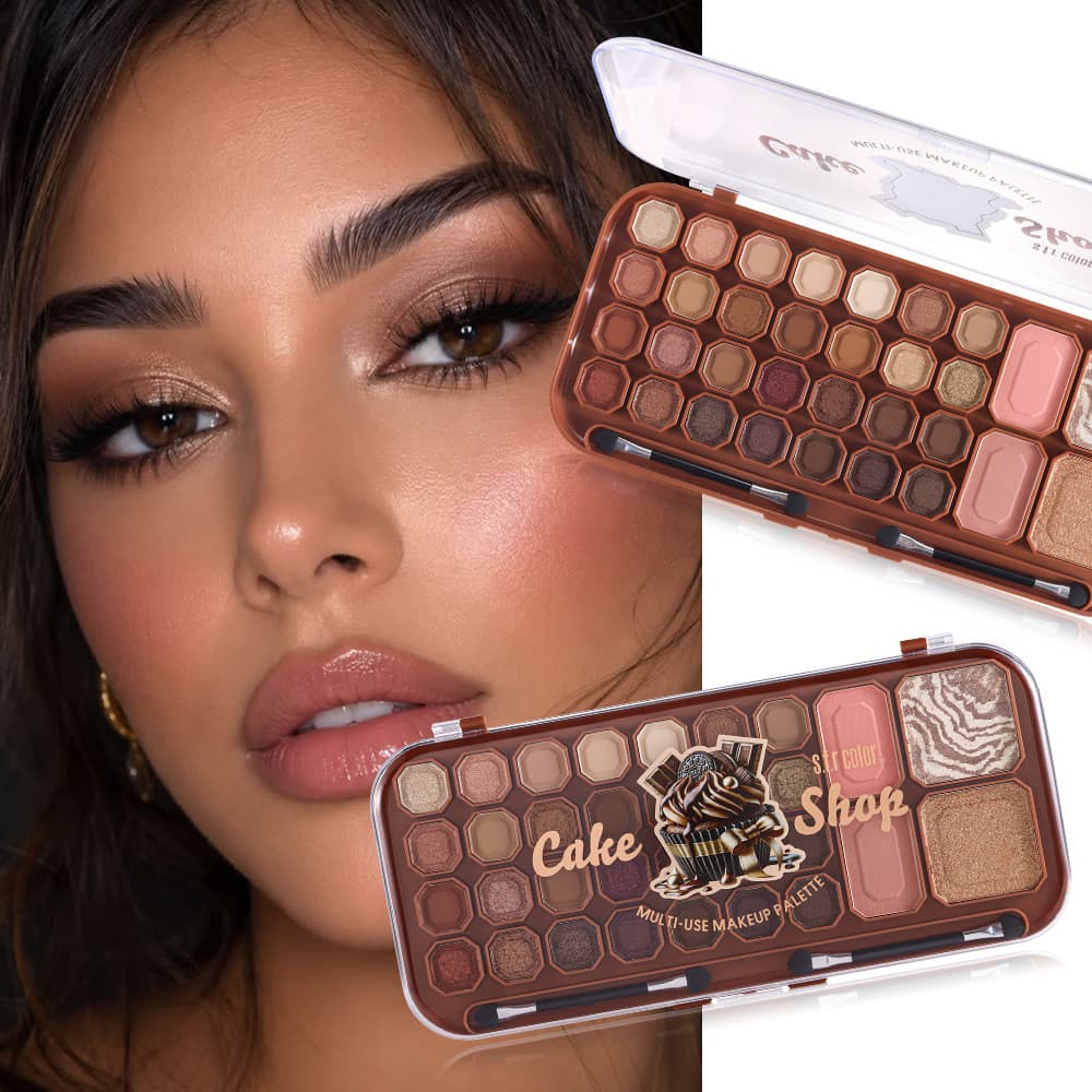 Paleta de sombras completa s.f.r com 32 cores, acabamentos perolados e foscos, blush e paleta de sombras iluminadoras.