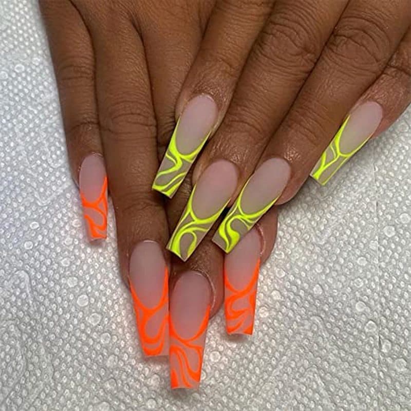 SINHOT Matte Press on Nails , Unhas Falsas Francesas Longas , 24 Unidades De Postiças Com Cola Acrílicas Laranja Amarela